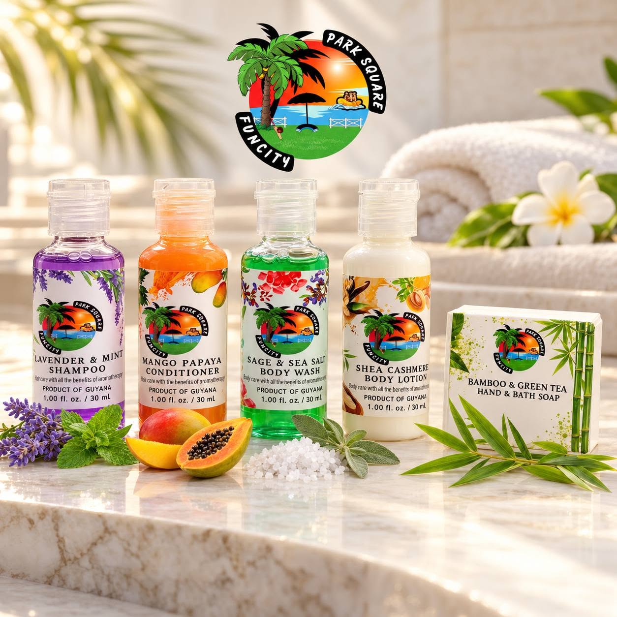 A custom-labelled hotel collection with shampoo, conditioner, body wash, body lotion and wrapped soap