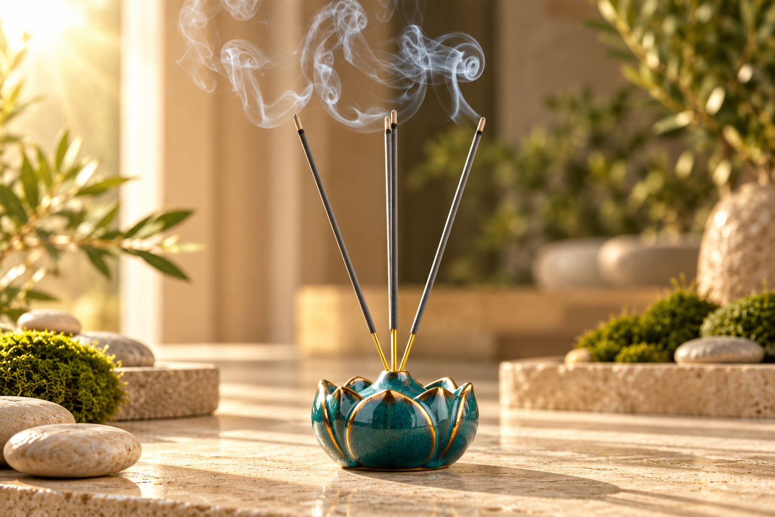 Incense sticks in a teal and gold lotus holder in warm sunlight