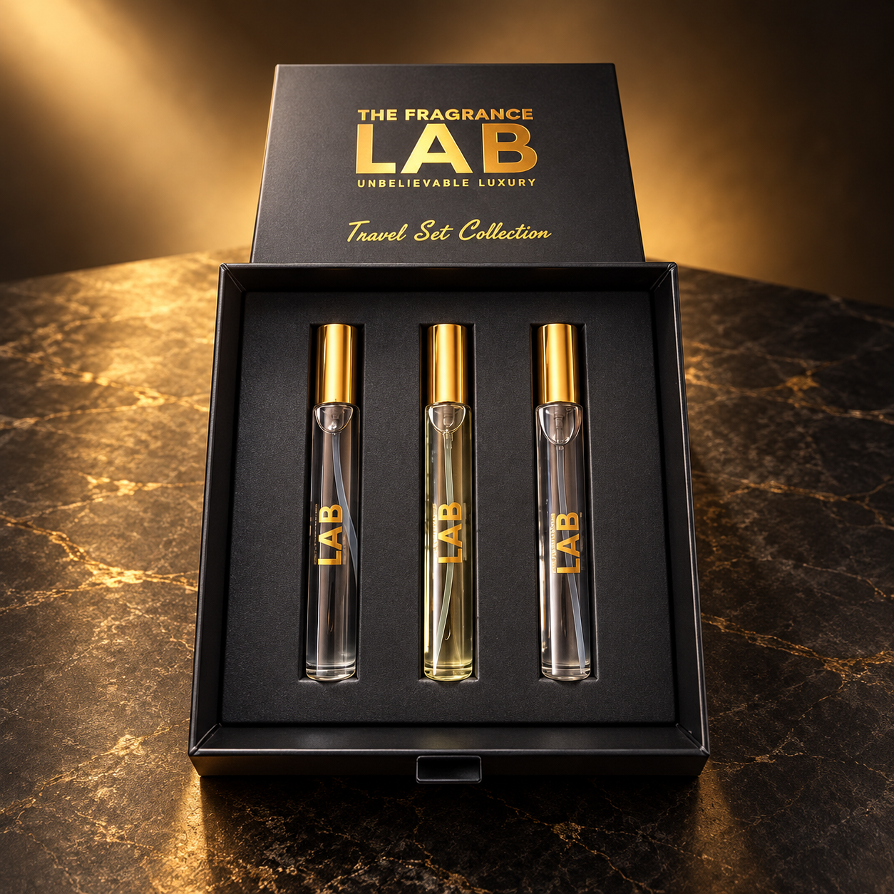 The Fragrance Lab Deluxe Travel Set, with three gold-capped spray vials in a presentation box