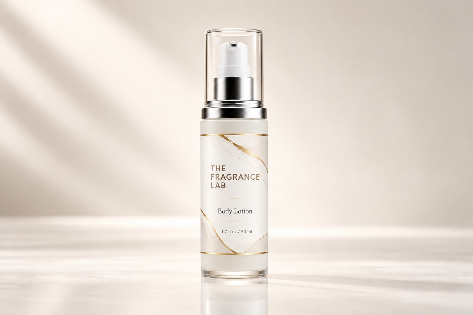 The Fragrance Lab body lotion in an ivory and gold bottle in a warm neutral studio setting