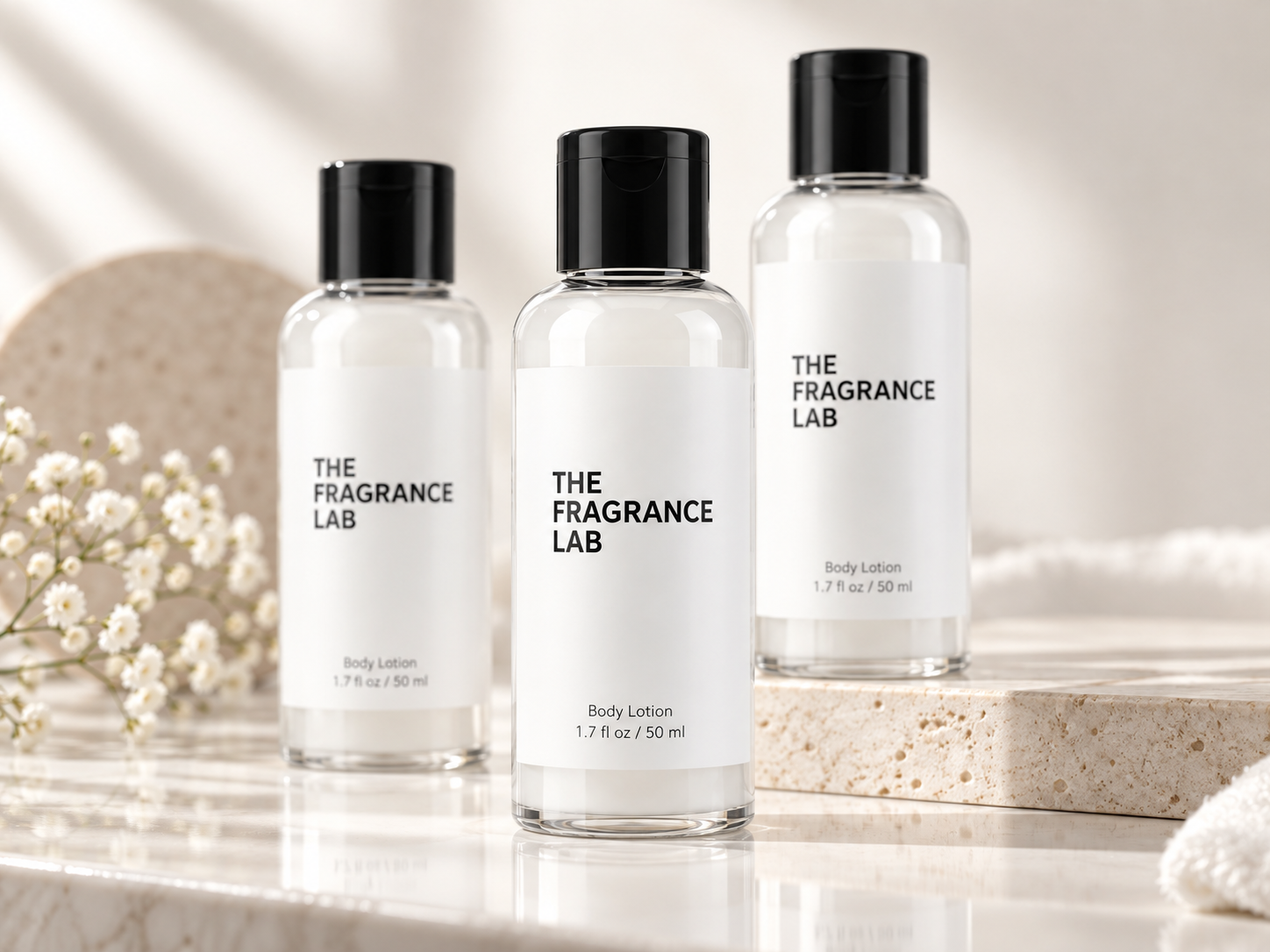 The Fragrance Lab body lotion bottles styled on warm stone with white flowers
